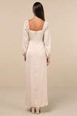 Eternal Heart Champagne Satin Long Sleeve Maxi Dress