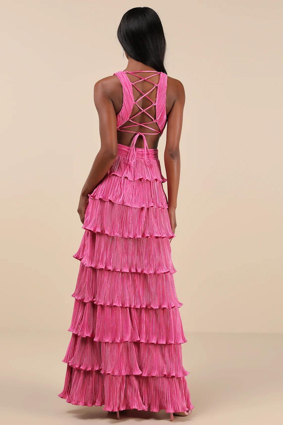 Beauty Icon Gold Satin Pleated Tiered Lace-Up Maxi Dress