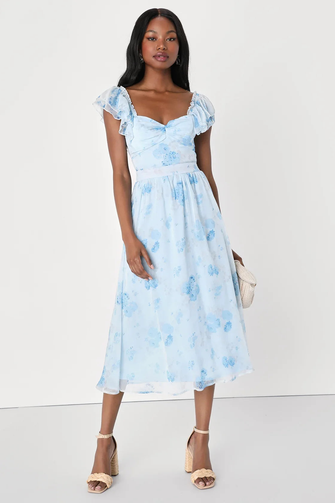 Loveliest Darling Light Green Floral Ruffled Tie-Back Midi Dress