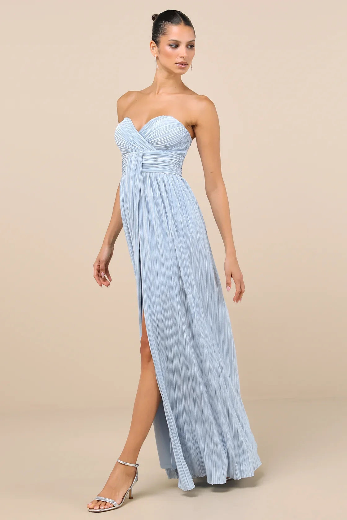 Oswin Navy Satin Plisse Strapless Maxi Dress