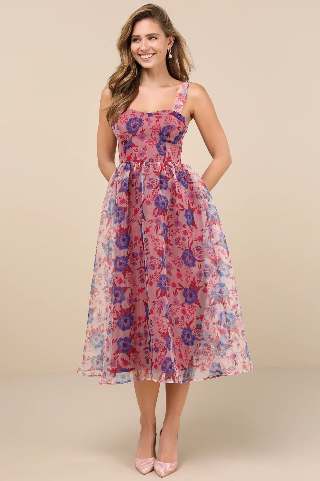 Delightful Look Magenta Floral Print Bustier Midi Skater Dress