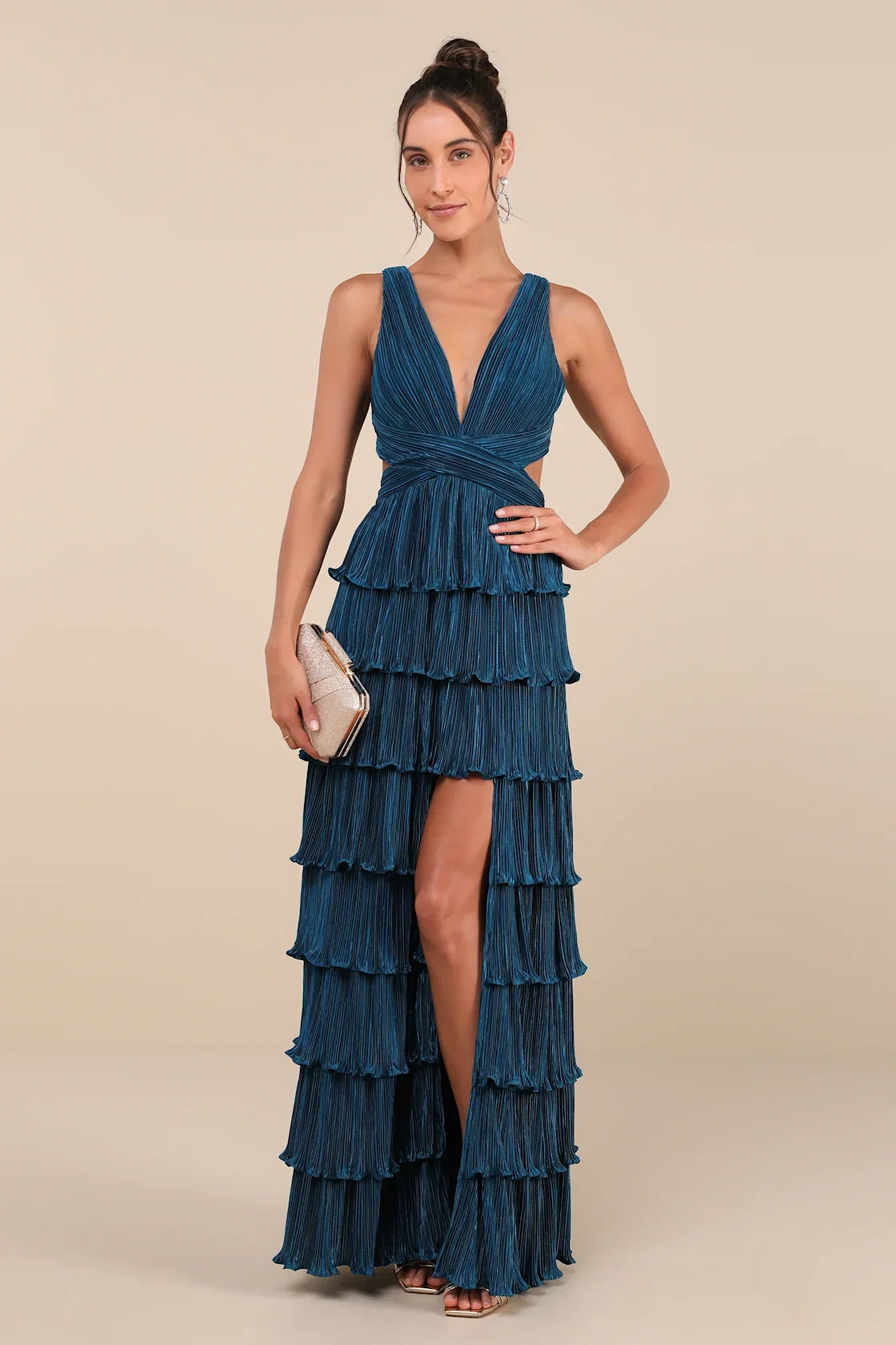 Beauty Icon Gold Satin Pleated Tiered Lace-Up Maxi Dress