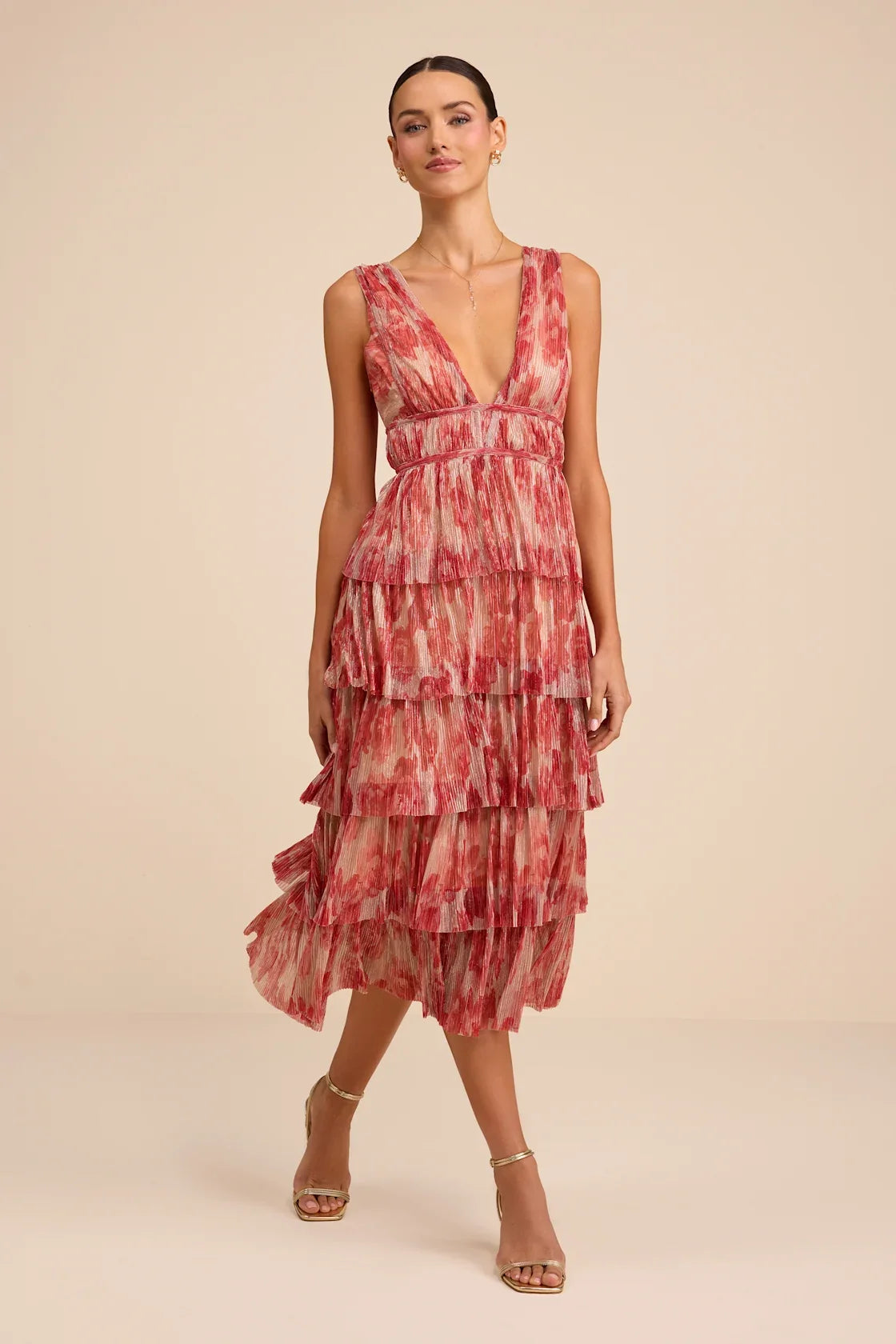 Valentia Magenta Plisse Sleeveless Tiered Midi Dress