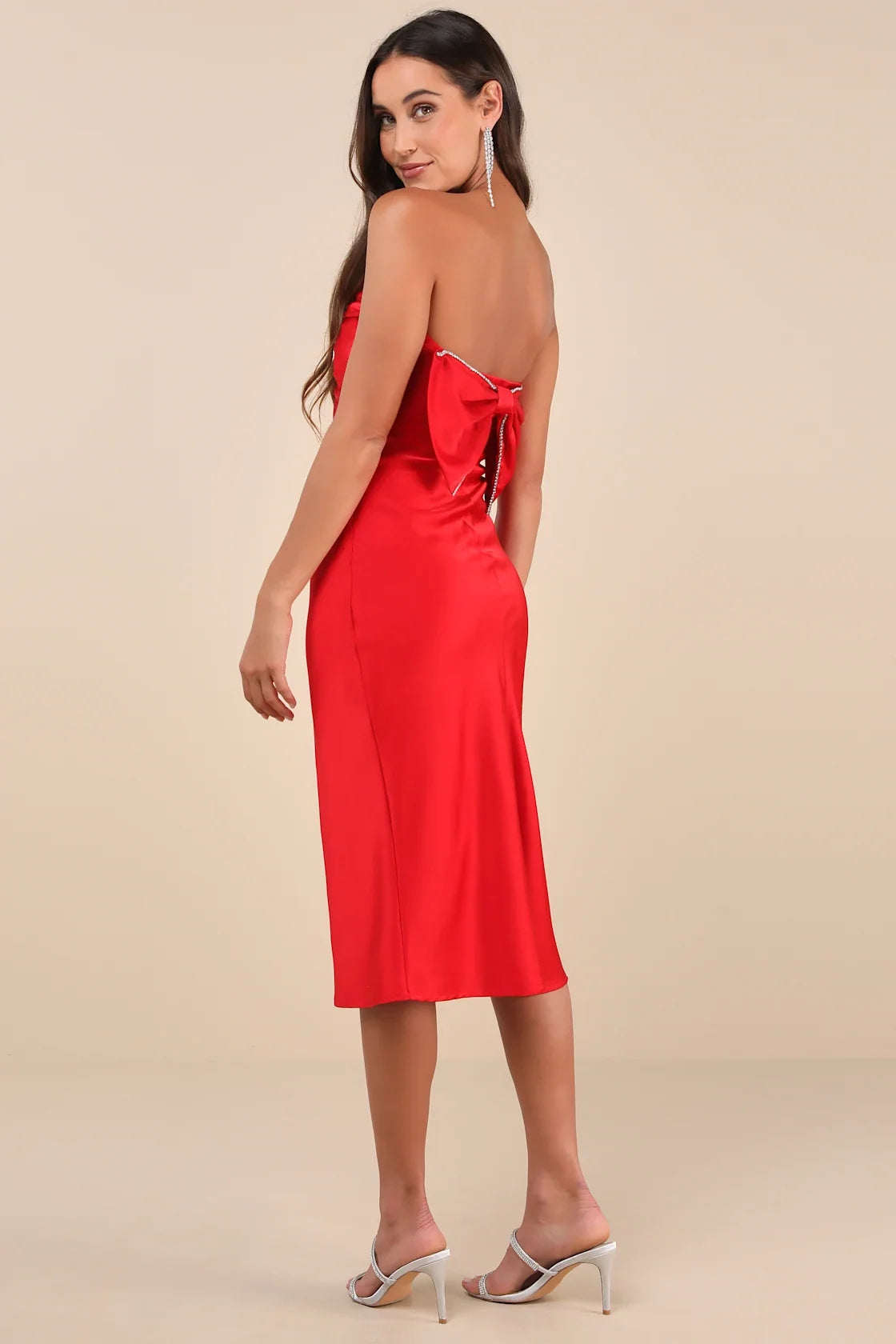 Luxe Crush Red Satin Rhinestone Bow Strapless Midi Dress