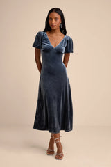 Obrissa Emerald Velvet Puff Sleeve Tie-Back Midi Dress