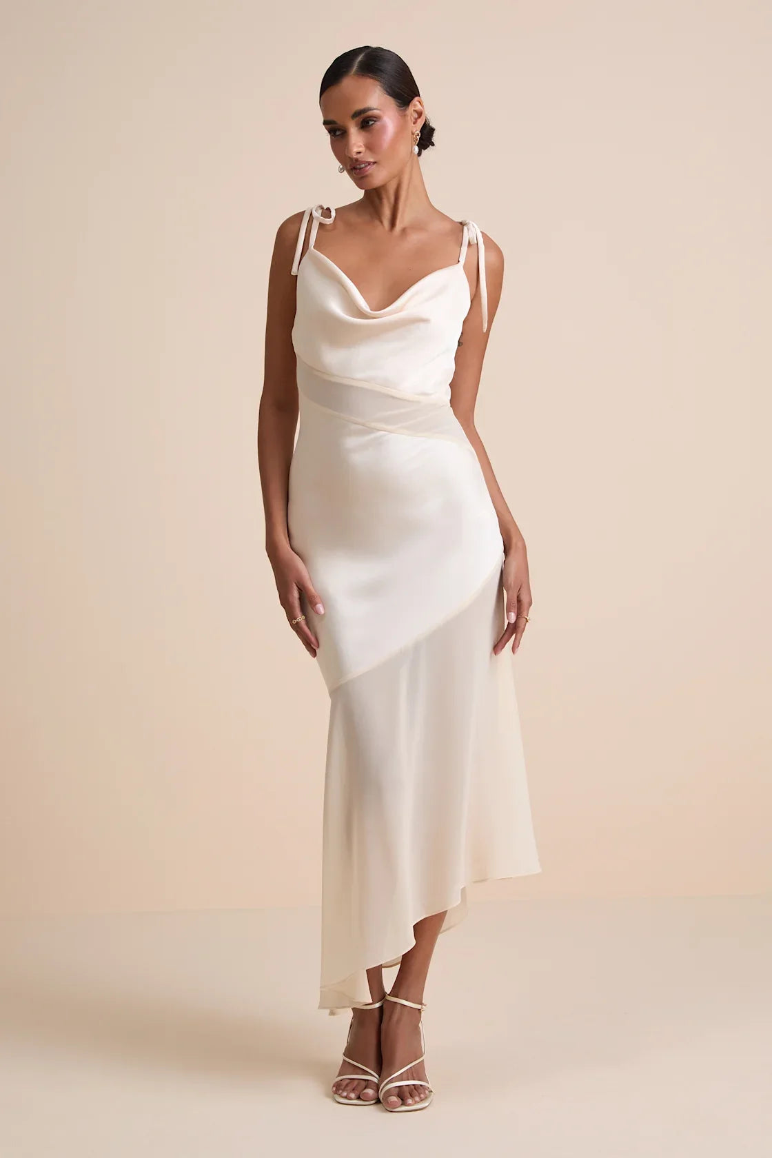 Enara Cream Satin Mesh Tie-Strap Asymmetrical Midi Dress