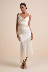 Enara Cream Satin Mesh Tie-Strap Asymmetrical Midi Dress