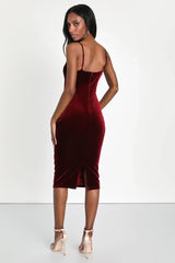 Plush Personality Wine Red Velvet Ruched Bodycon Midi Dress
