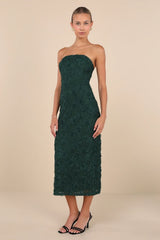 Flawless Perfection Emerald Floral Applique Strapless Midi Dress