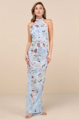 Infinite Praise Black 3D Floral Embroidered Halter Maxi Dress