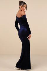 Notorious Icon Navy Blue Velvet Asymmetrical Maxi Dress