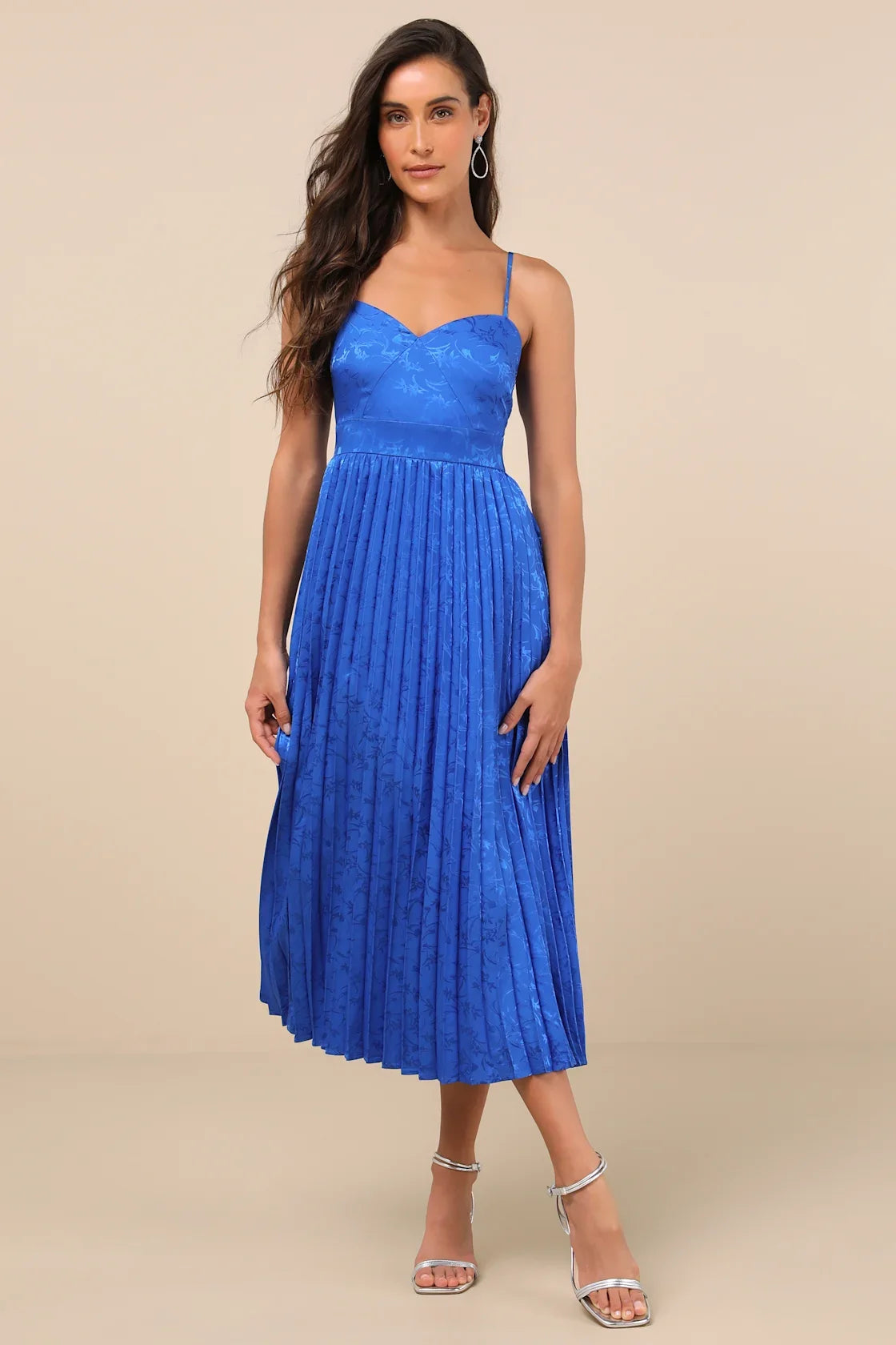 Regal Romance Black Floral Jacquard Pleated Satin Midi Dress