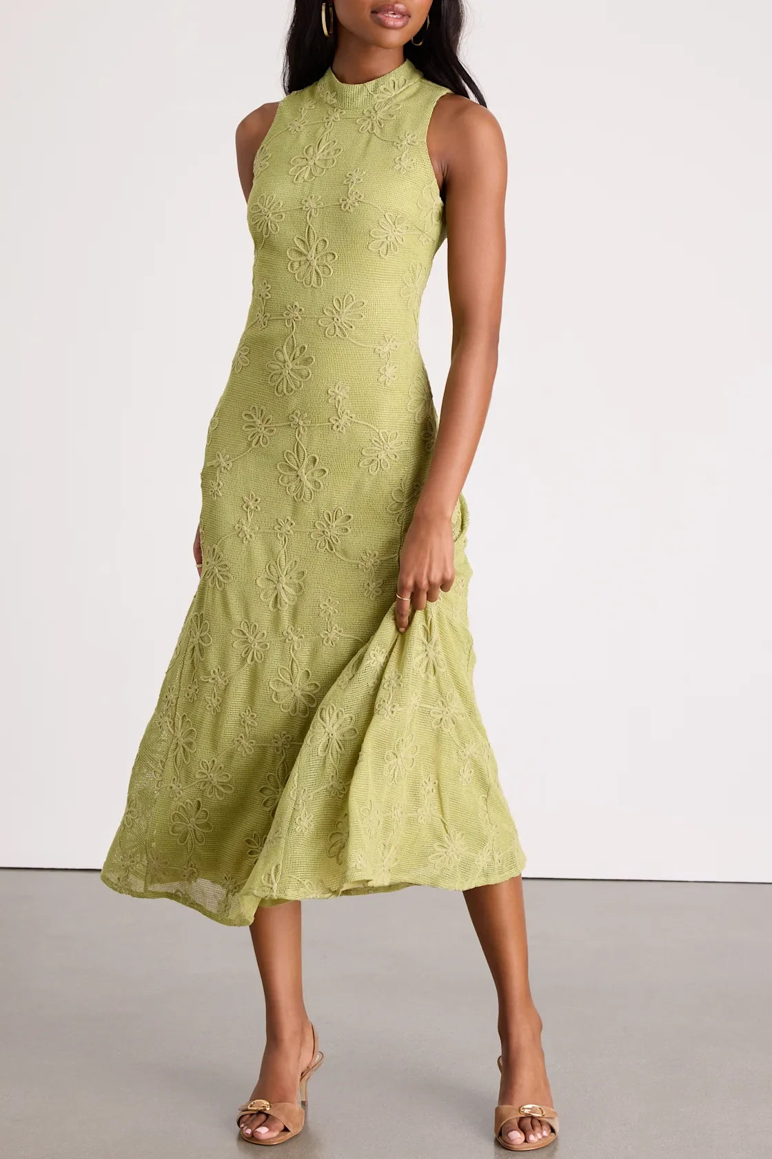 Danalee Lime Green Abstract Floral Embroidered Midi Dress