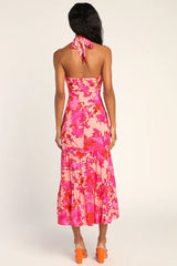 Always Eye-Catching Hot Pink Floral Tiered Halter Midi Dress