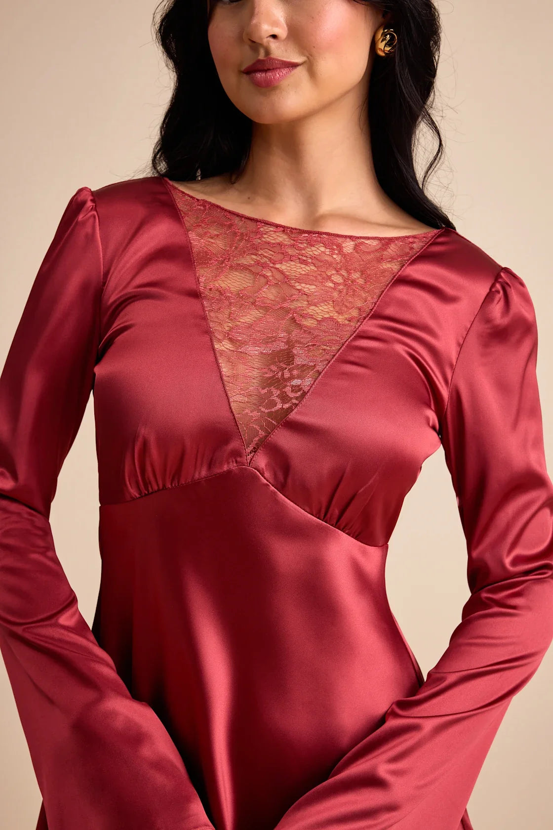 Emberlyn Rusty Rose Satin Lace Long Sleeve Mini Dress