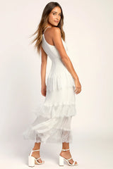 Came For Cocktails Light Blue Pleated Tiered Lace Maxi Dress