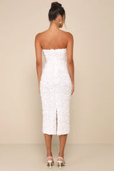Gorgeous Mentality White 3D Floral Strapless Midi Dress