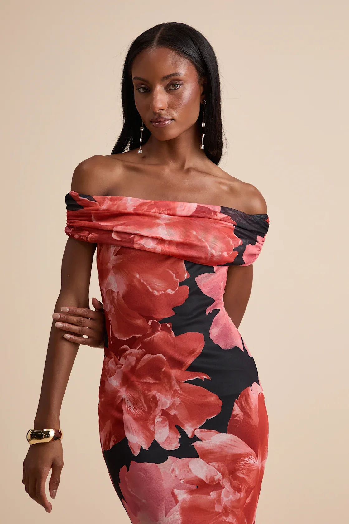 Dunia Black Floral Print Mesh Off-the-Shoulder Maxi Dress