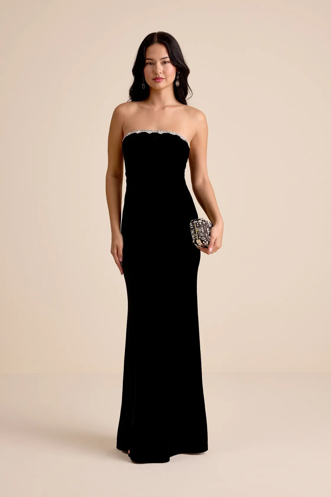 Leesa Black Velvet Rhinestone Mermaid Maxi Dress