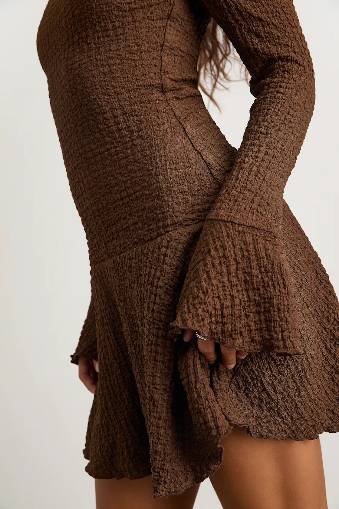 Radleigh Brown Textured Long Sleeve Drop Waist Mini Dress