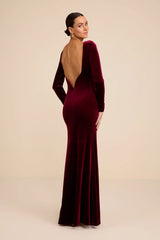 Rabeya Burgundy Velvet Backless Mermaid Maxi Dress