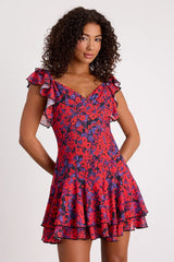 Maulana Red and Black Floral Flutter Sleeve Mini Dress