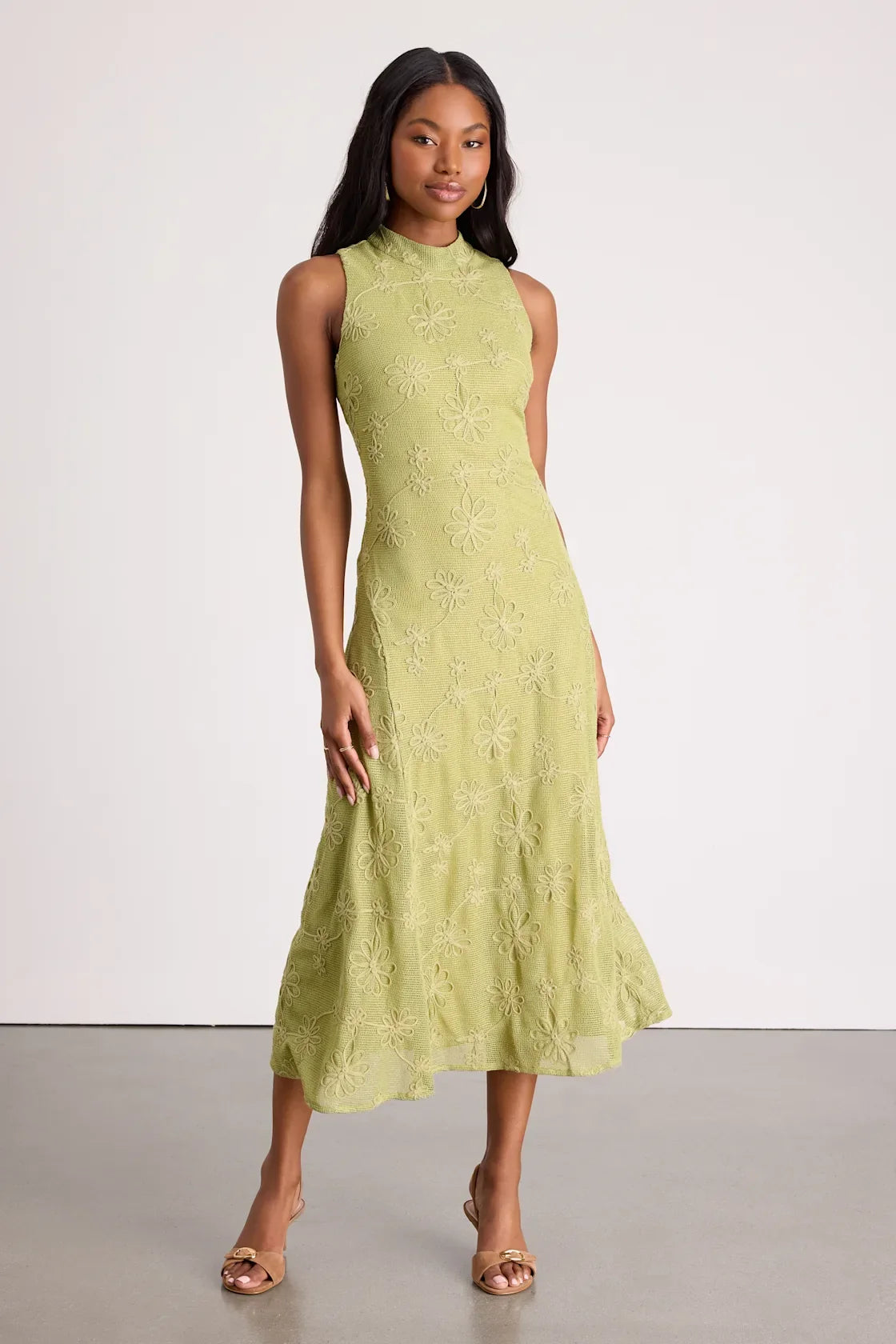 Danalee Lime Green Abstract Floral Embroidered Midi Dress