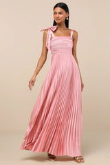 Gorgeous Purpose Emerald Satin Pleated Sleeveless Bow Maxi Dress