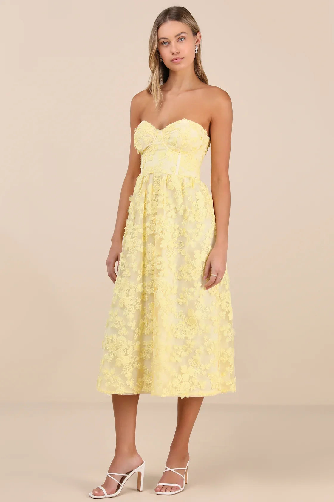 Quite Perfect White Floral Embroidered Strapless Midi Dress