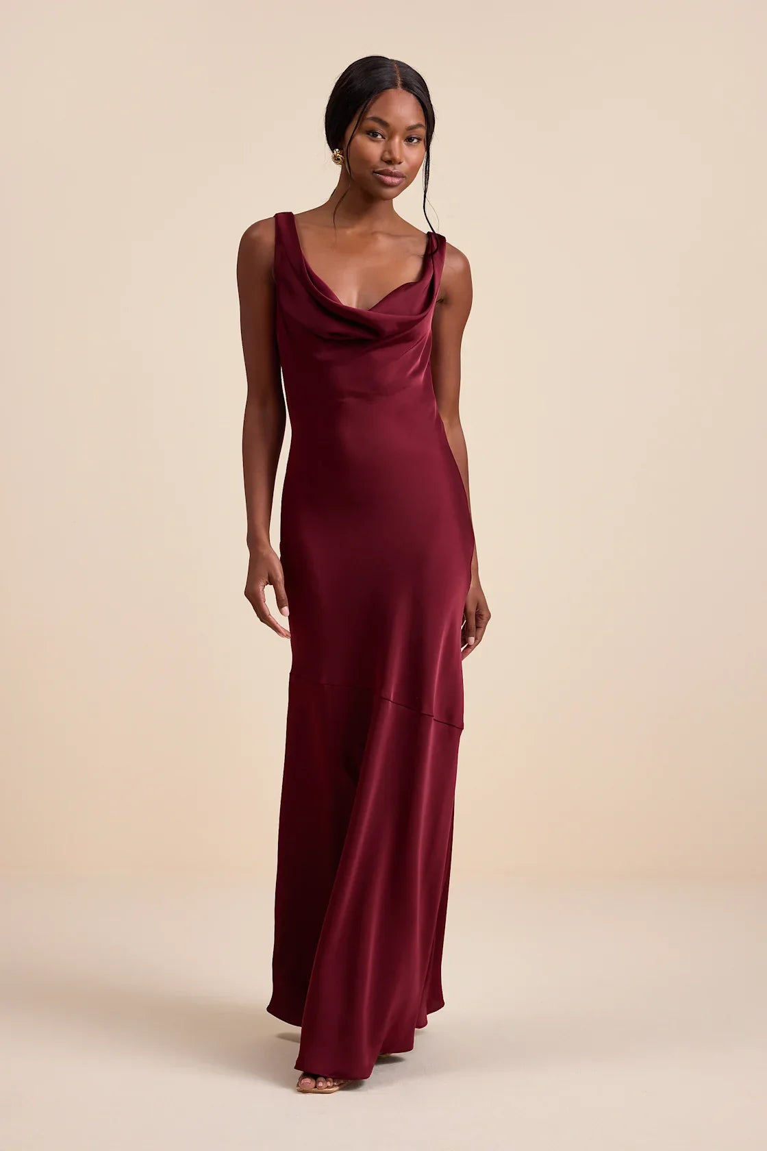 Aernah Wine Red Satin Cowl Tie-Back Slip Maxi Dress