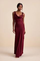 Aernah Wine Red Satin Cowl Tie-Back Slip Maxi Dress