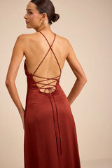 Nisrine Rust Red Satin Lace-Up Halter Maxi Dress