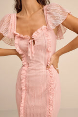 Aviara Light Pink Lace Ruffled Flutter Sleeve Midi Dress