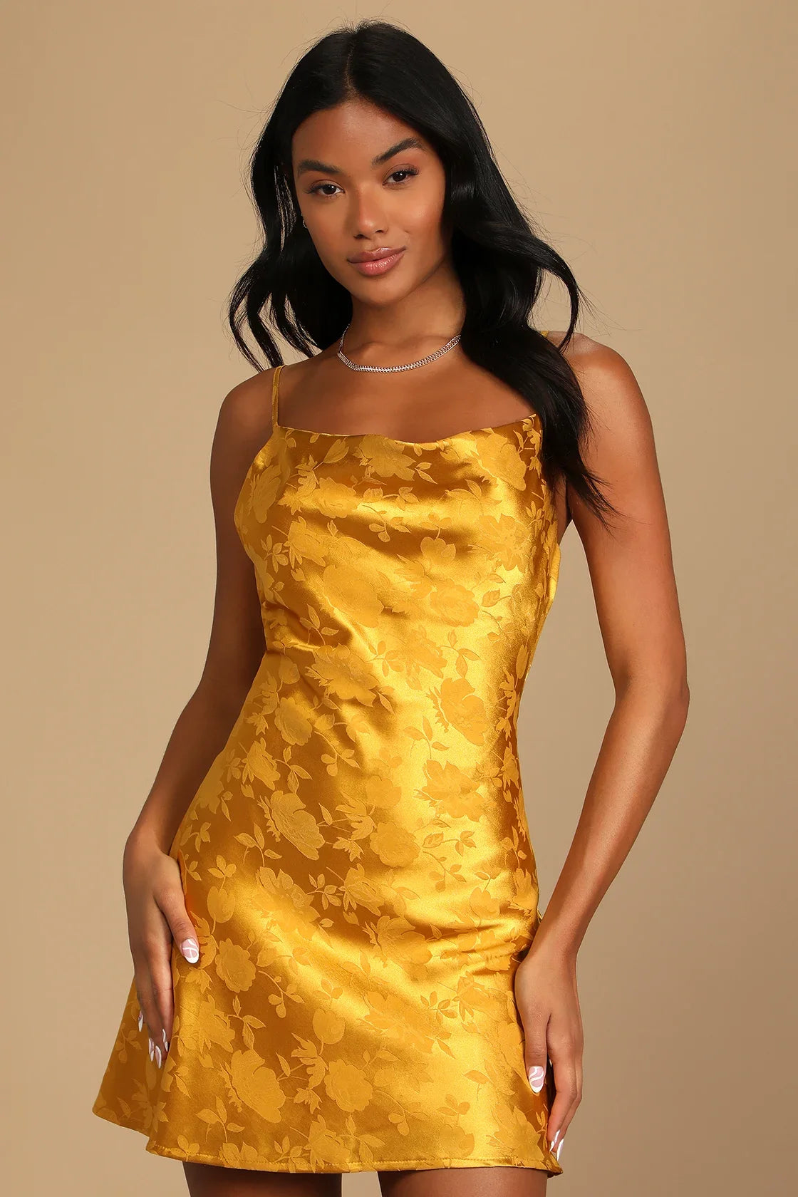 Close to Your Heart White Satin Jacquard Cowl Slip Dress