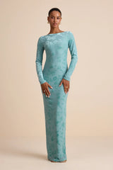 Amiria Light Aqua Burnout Velvet Long Sleeve Maxi Dress