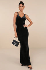 Perfectly Classy Navy Blue Velvet Strappy Maxi Dress