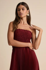 Damira Rust Satin Pleated Strapless Maxi Dress
