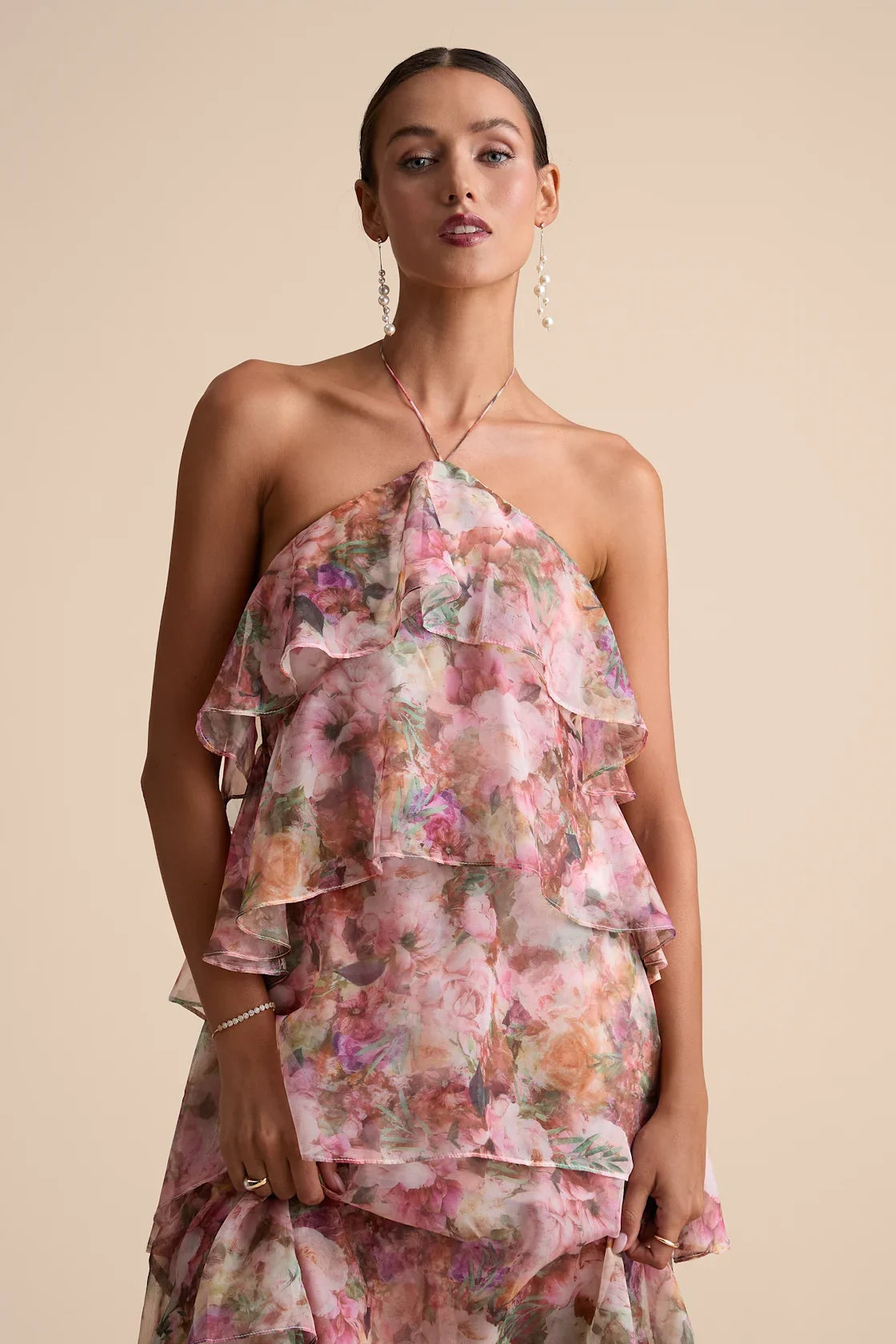 Melody Pink Floral Tiered Halter Maxi Dress