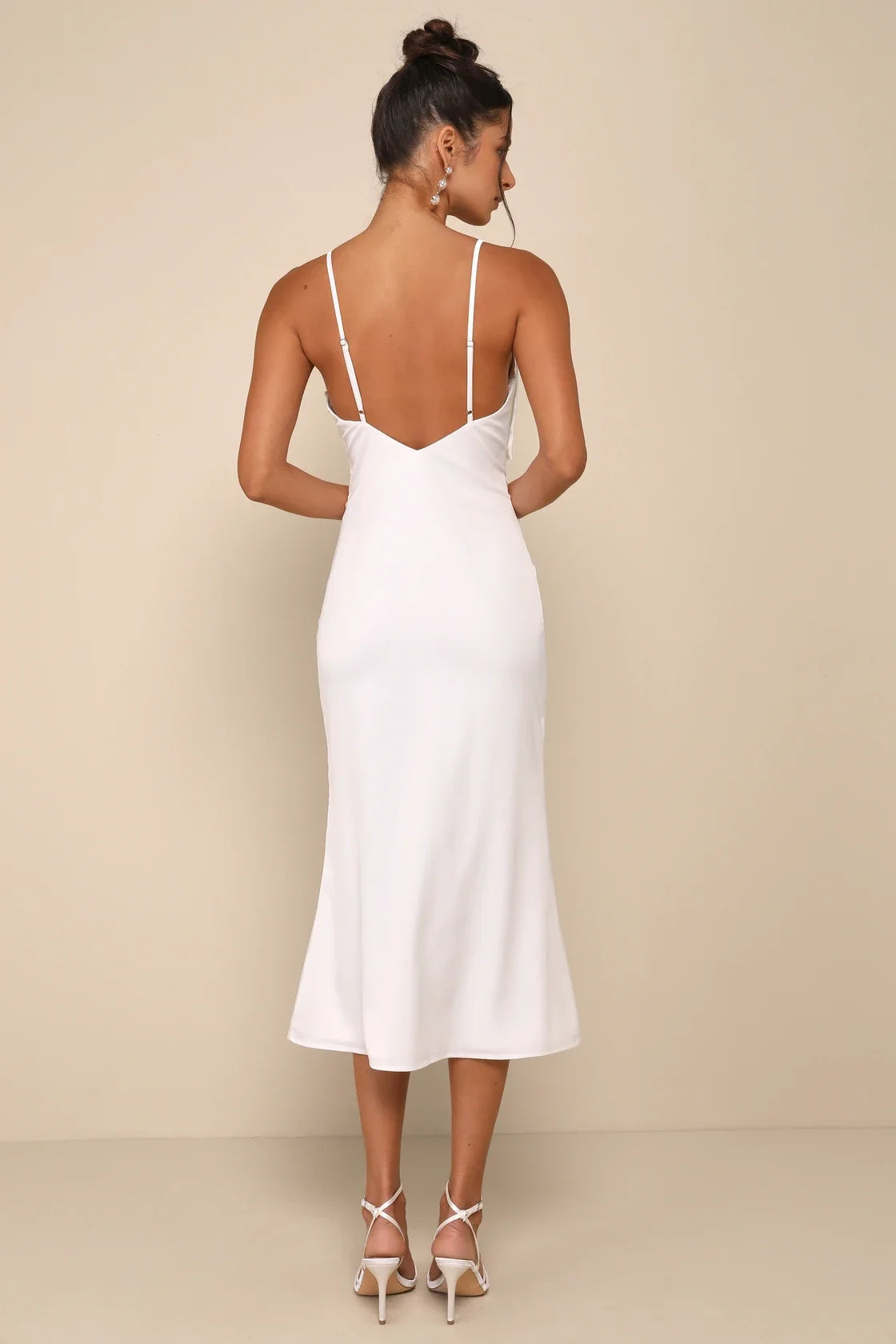Extravagantly Sleek White Satin Sleeveless Bow Midi Dress