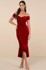 How Much I Care Dark Teal Velvet Off-the-Shoulder Midi Dress