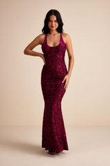 Renissa Burgundy Burnout Velvet Backless Mermaid Maxi Dress