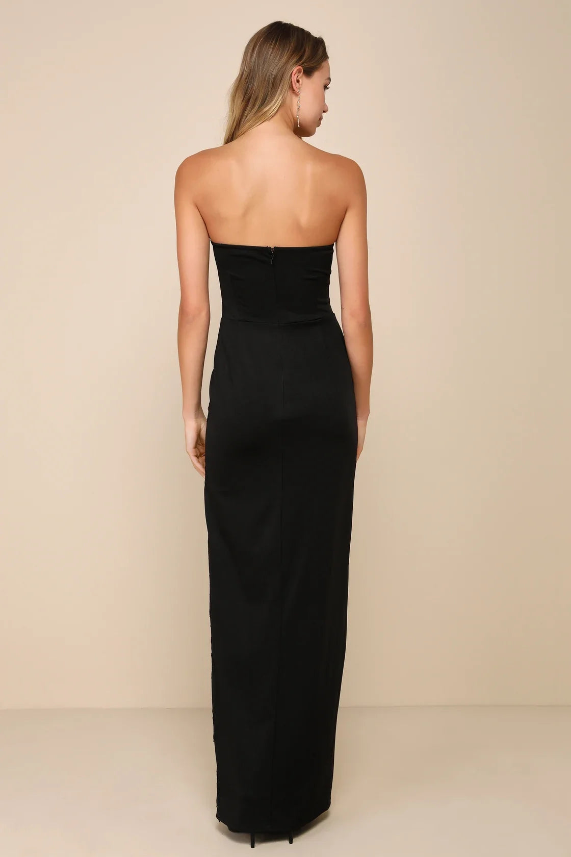 Elegant Mood Black 3D Floral Applique Strapless Maxi Dres