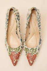 Wellica Cream Floral Jacquard Pearl Pointed-Toe Pumps