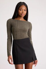 Gina Olive Green Shiny Velvet Long Sleeve Top