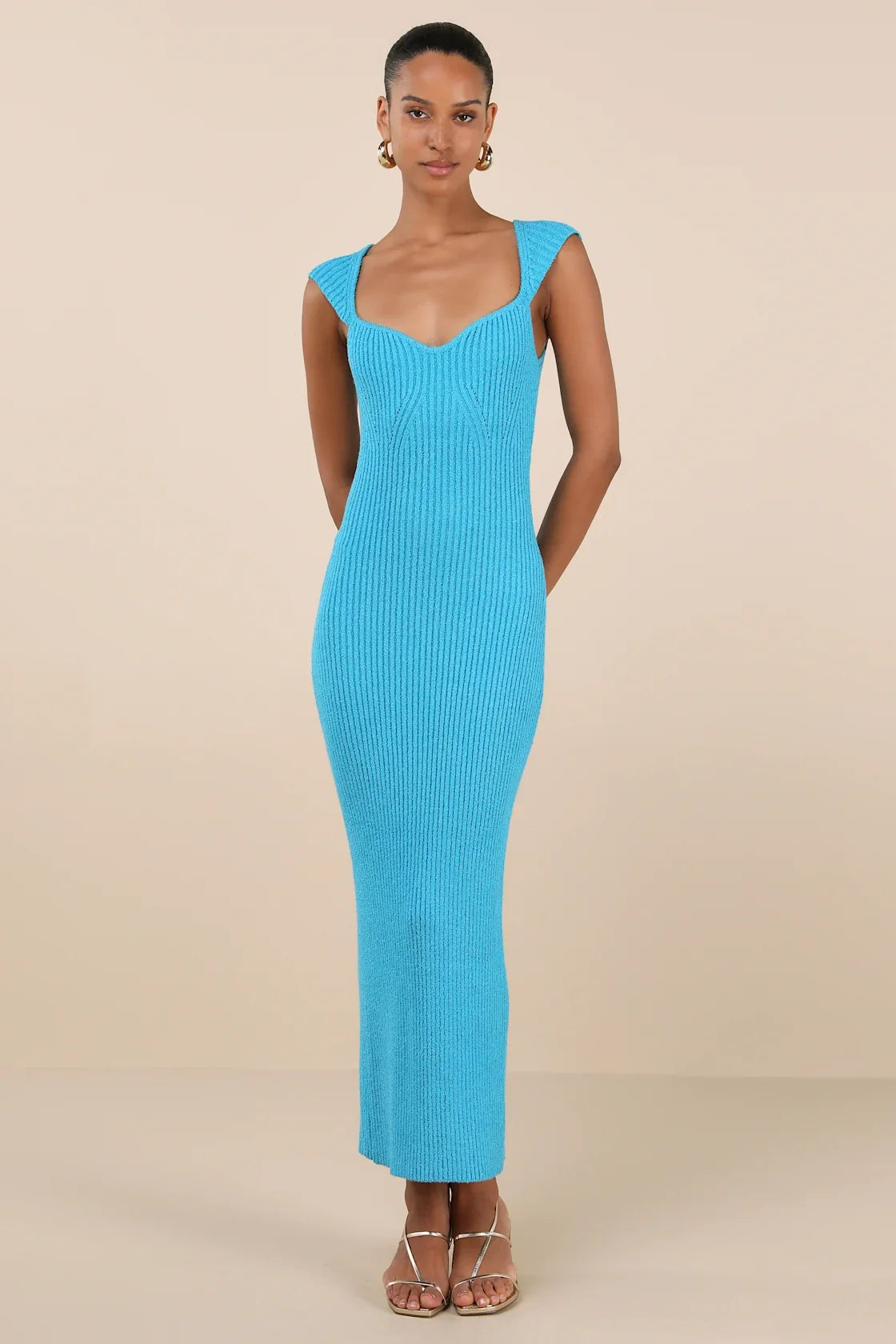 Chiara Turquoise Ribbed Knit Cap Sleeve Midi Dress