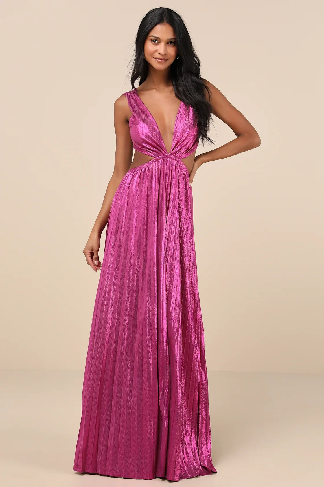 Shining Luxury Bronze Metallic Lurex Cutout Maxi Dress