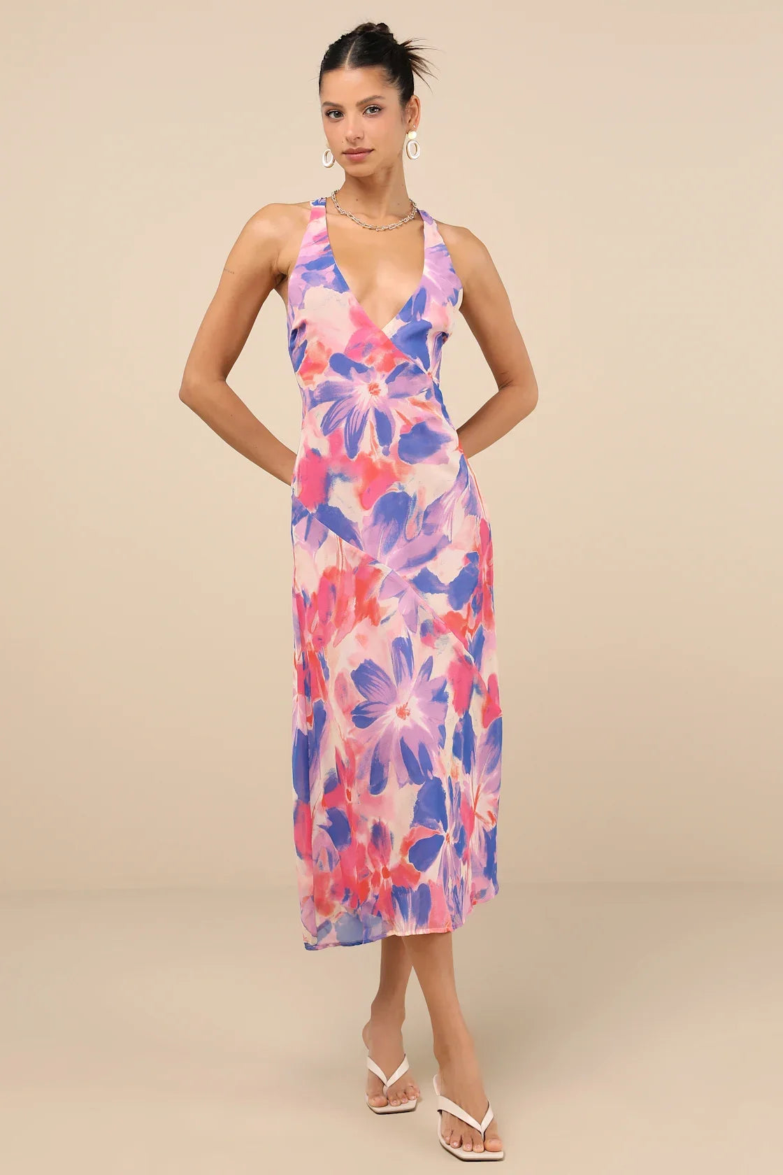 Delight in Elegance Blue Multi Floral Halter Cutout Midi Dress