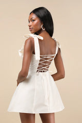 Glamorous Luxury Champagne Taffeta Bow Lace-Up Mini Dress