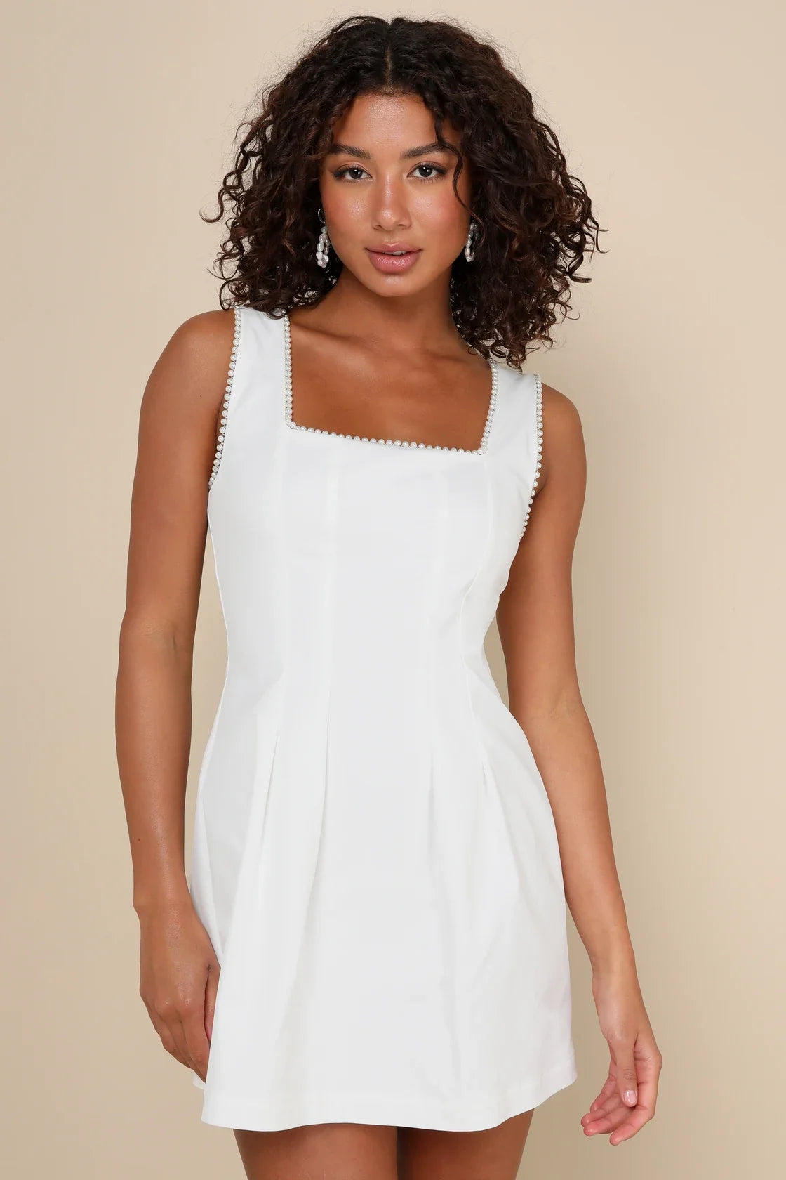 Pure Hearted White Pearl Square Neck Sleeveless Mini Dress