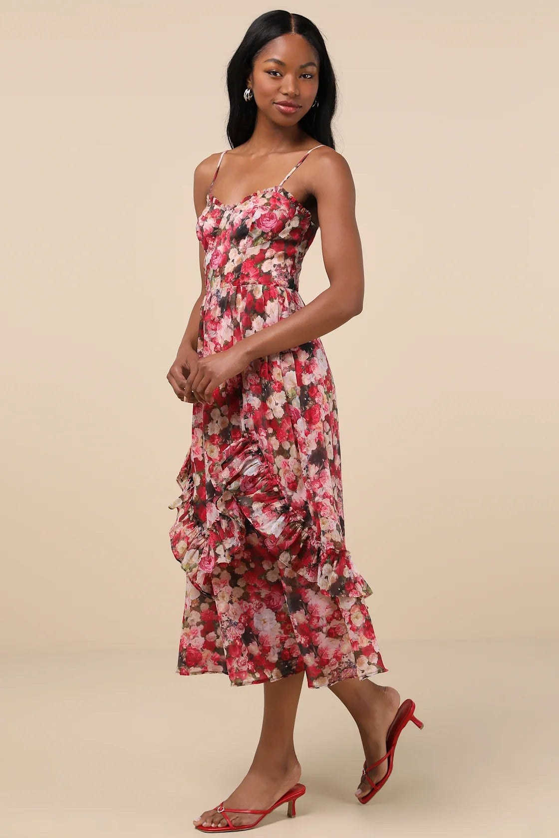 Maisley Red Multi Floral Bustier Ruffled Midi Dress